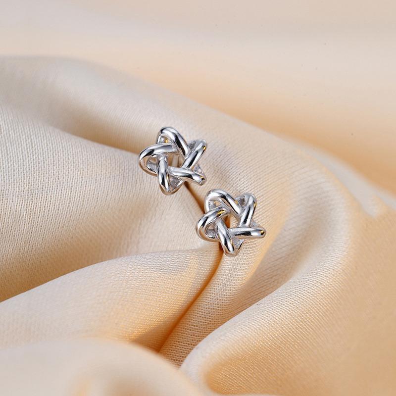S925 Silver-plated Stud Earrings Hollowed Out Five-pointed Star Stud Earrings Women's Personality Line Braided Screw Screw Buckle Star Earrings