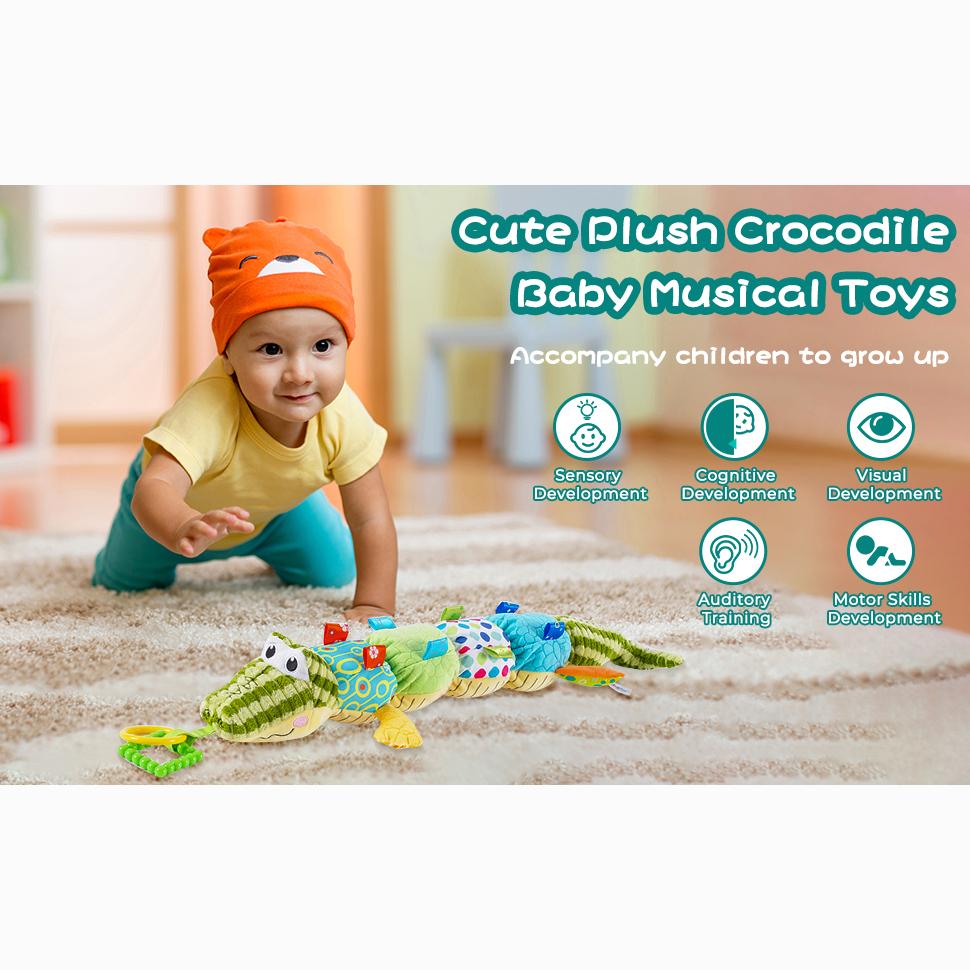 Infant Sensory Musical Stuffed Animal Toys with Crinkle,Rattle and Multi-Textures,Tummy Time Toys for 0-3-6-12 Months Newborn,Kids,Crocodile