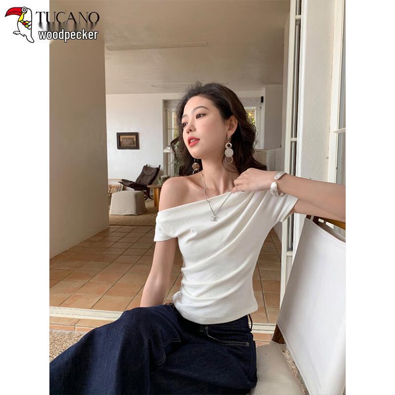 Women s Off-Shoulder Pleated Waist Short Sleeve T-Shirt L