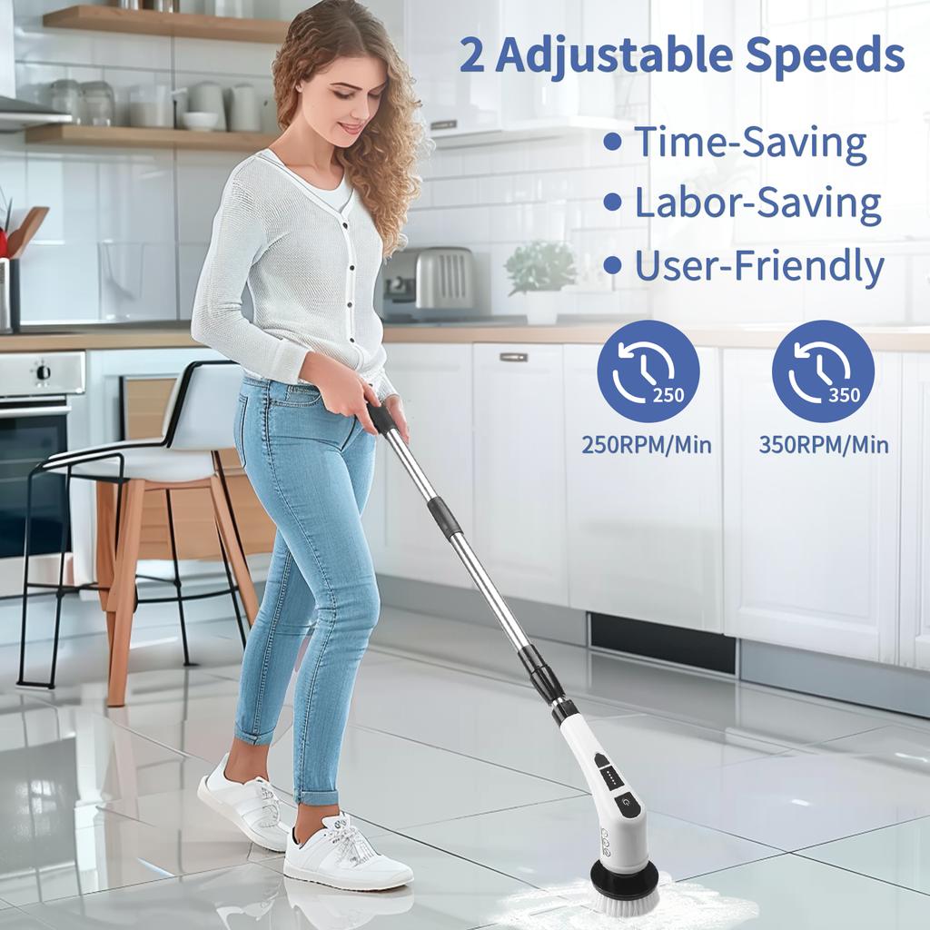Electric 8-in-1 Spin Scrubber Home Cordless Cleaning Brush 8 Heads 90Mins 3 Size 2 Speeds for Kitchen Bathroom Bathtub Glass Car