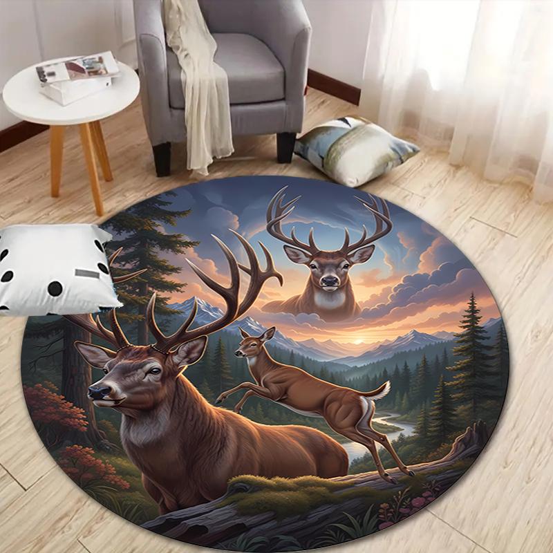 Deer Bear Wolf Round Area Rug,Carpet Rug for Living Room Bedroom Sofa Playroom Decor,Non-slip Floor Mat
