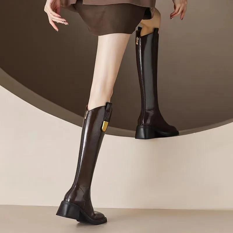 French Style V-knee Long Boots Women's Autumn Winter 2024 New Versatile British Style Boots Thick Soles High Heels