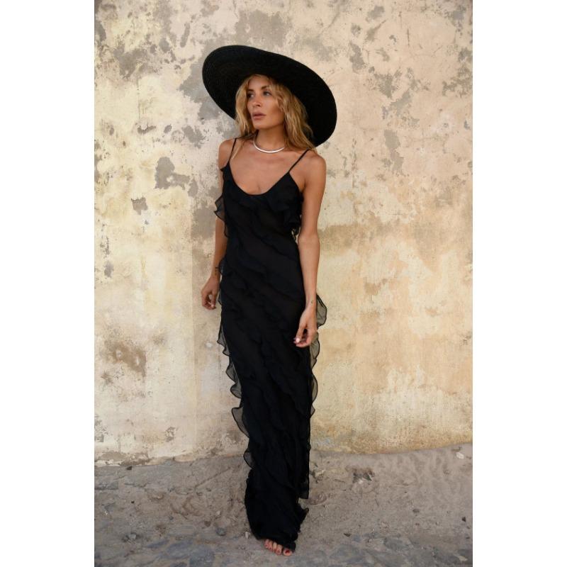 Women's Spring Summer Sexy Backless Halter U Neck Leak Shoulder Wave Slim Side Slit Dress Long Dress