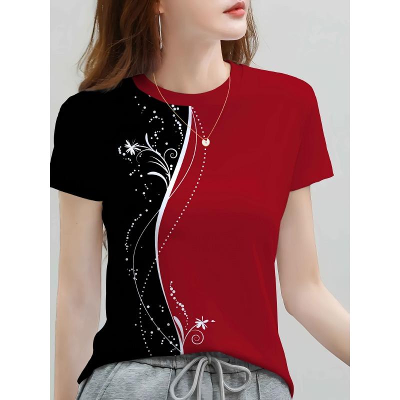 

Irregular Black and Red Lace, Women s Round Neck Short-sleeved T-shirt, Fashionable, Cool and Versatile Women s Clothing XL