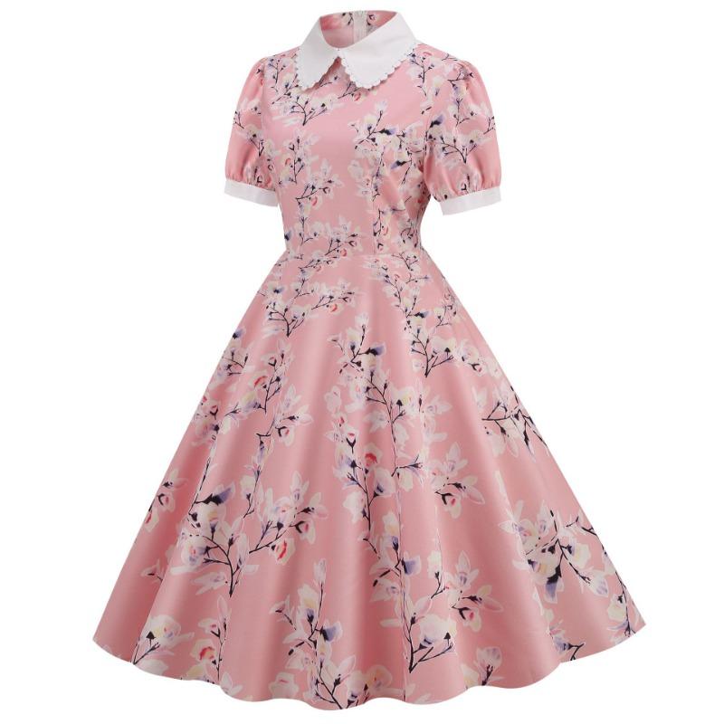 Damenbekleidung neues Produkt Stehkragen Puppenkragen Kurzarm klassisches Temperament Retro mittel und lang bedrucktes Kleid