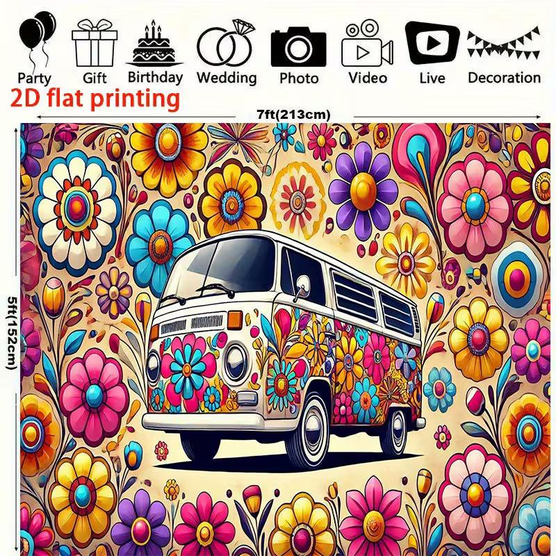 2D Groovy Hippie-Bus Kulisse Retro Blumenmuster Studio Fotografie Hintergrund