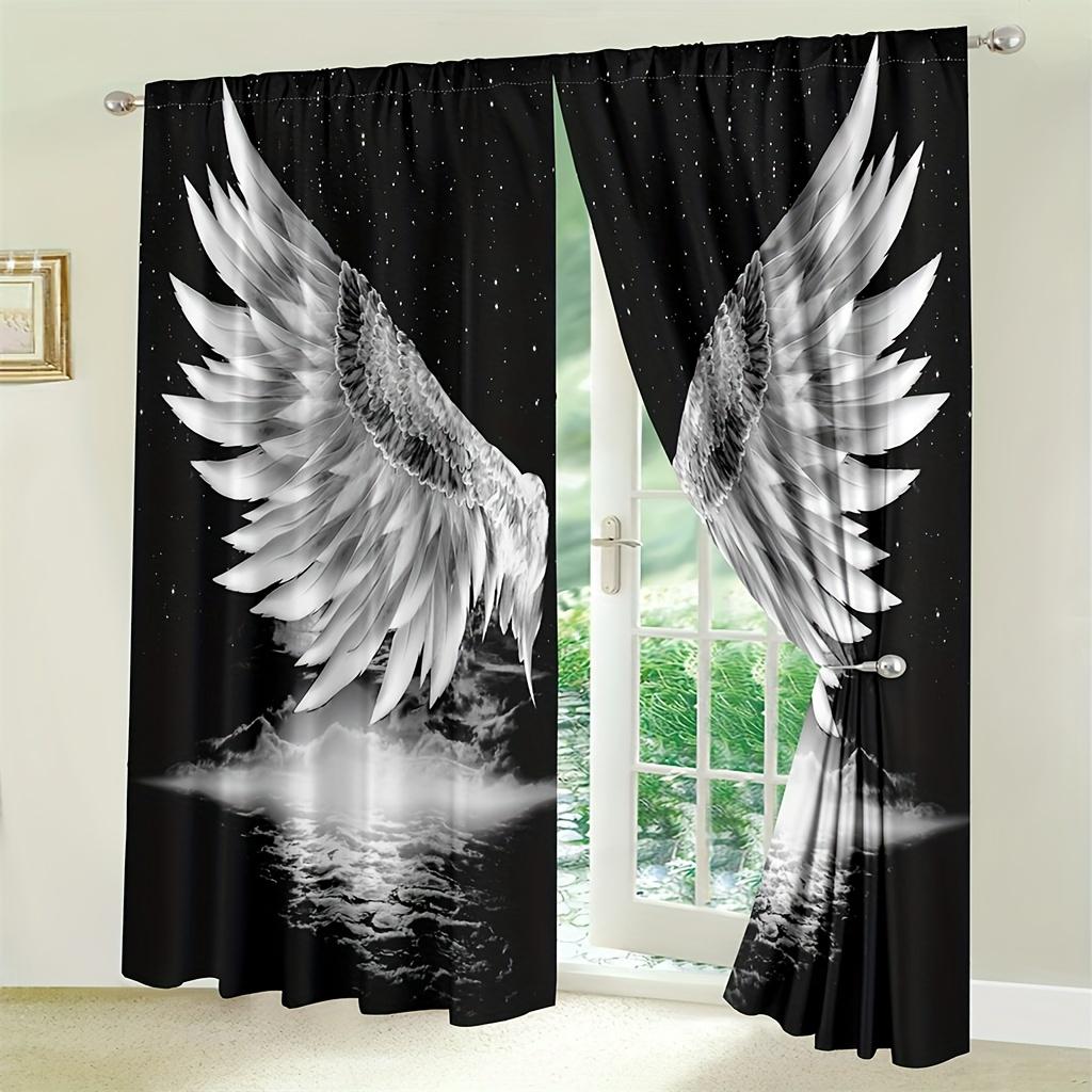 2Pcs Polyester Black Angel Wings Printing Window Curtains Birthday Party Decoration Backdrop Drapes for Living Room