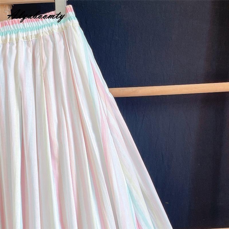 Spring Summer Women Rainbow Feminine Skirt Elastic Waist Pastel Striped Contrast Color Midi Skirt Cotton Soft Stylish Skirts Womens