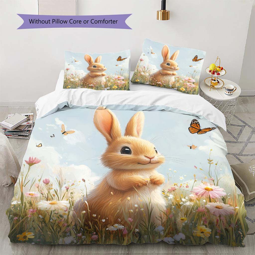 Kaninchen und Blumen Muster Bettwäsche Heimdekoration Geburtstagsgeschenk (1 Bettbezug + 2 Kissenbezüge, ohne Füllung)