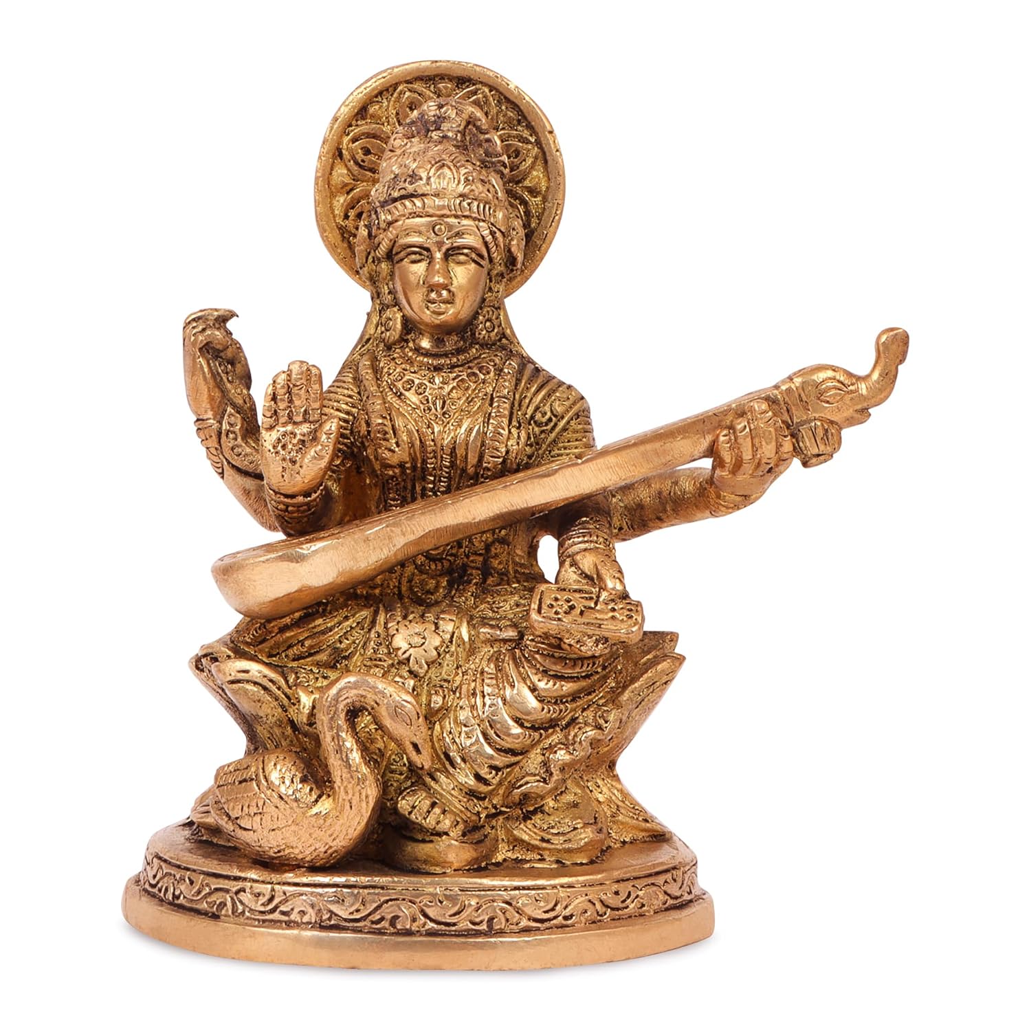 Статуя богини Сарасвати, Идол Сарасвати Маа, Религиозная, Золотая, Латунная - 5 дюймов