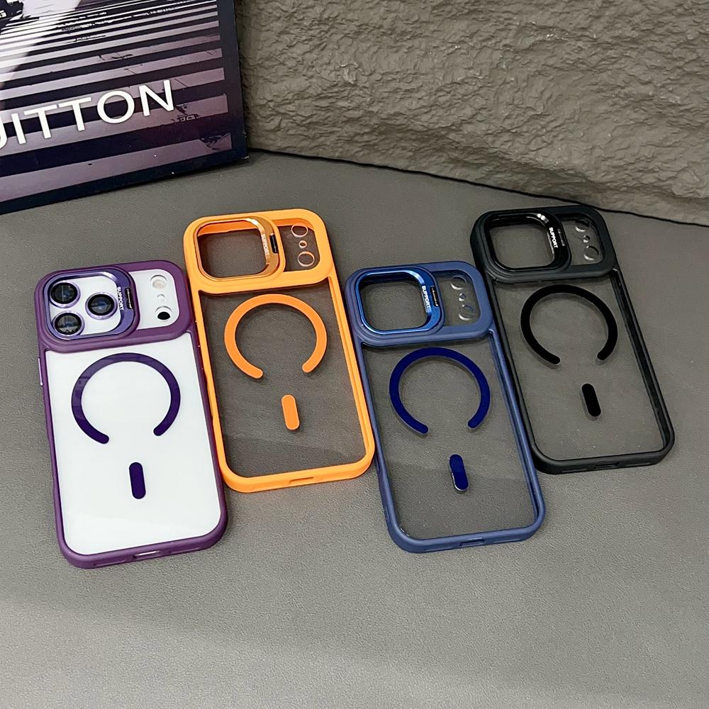 KEYSION Magnetic Transparent Phone Case for MagSafe for iPhone 17 Pro Max 17Air Metal Lens Stand Shockproof Lens Protector Cover