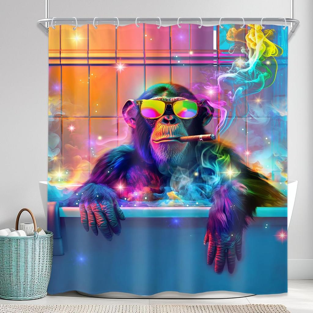 Funny Monkey Shower Curtain Meditation Zen Spirit Animal Chimpanzee Lotus Leaves Plant Bamboo Nature Bathroom Modern Waterproof