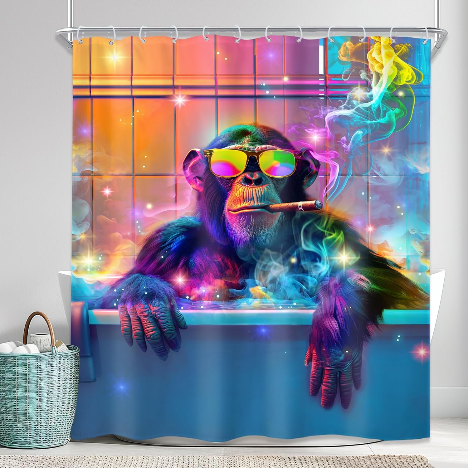 

Funny Monkey Shower Curtain 60Wx72L Inch Neon Chimpanzee In Bathtub Fun Animal Wildlife Boys Men Cool Bathroom Set Hilarious Mod W60H190(CM)-1 Pcs