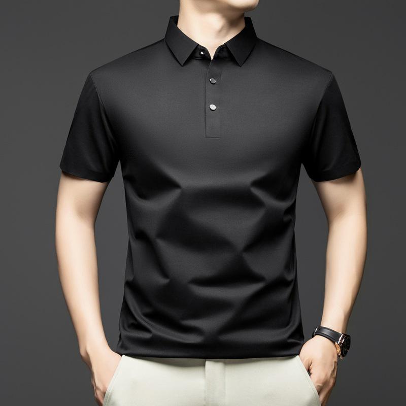 

Men s Seamless Silk Polo Shirt - 2026 Summer Casual Breathable Solid Short Sleeve Tee M чёрный