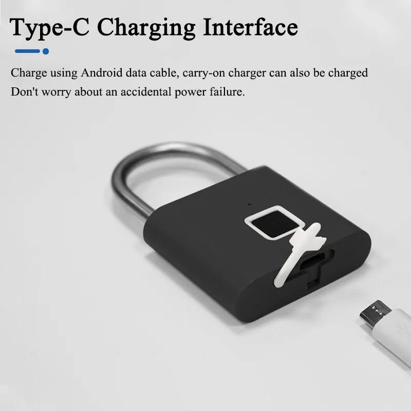 Keyless USB Charging Fingerprint Lock Smart Padlock Waterproof Door Lock Unlock Portable Anti-theft Padlock Zinc Home Tools