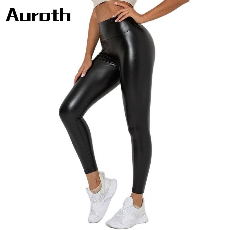 Seksowne spodnie ołówkowe z wysokim stanem dla kobiet Auroth Czarne patchworkowe ze skóry PU Plus Size Legginsy Rajstopy