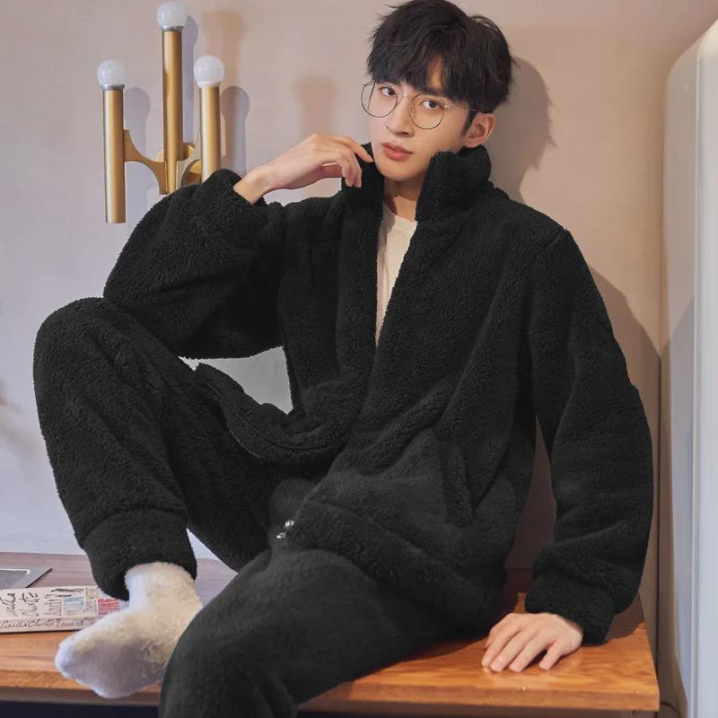 

Мужской пижамный комплект из длинноворсового кораллового флиса - теплый кардиган на молнии из фланели для ношения в помещении и на открытом воздухе 3XL чёрный