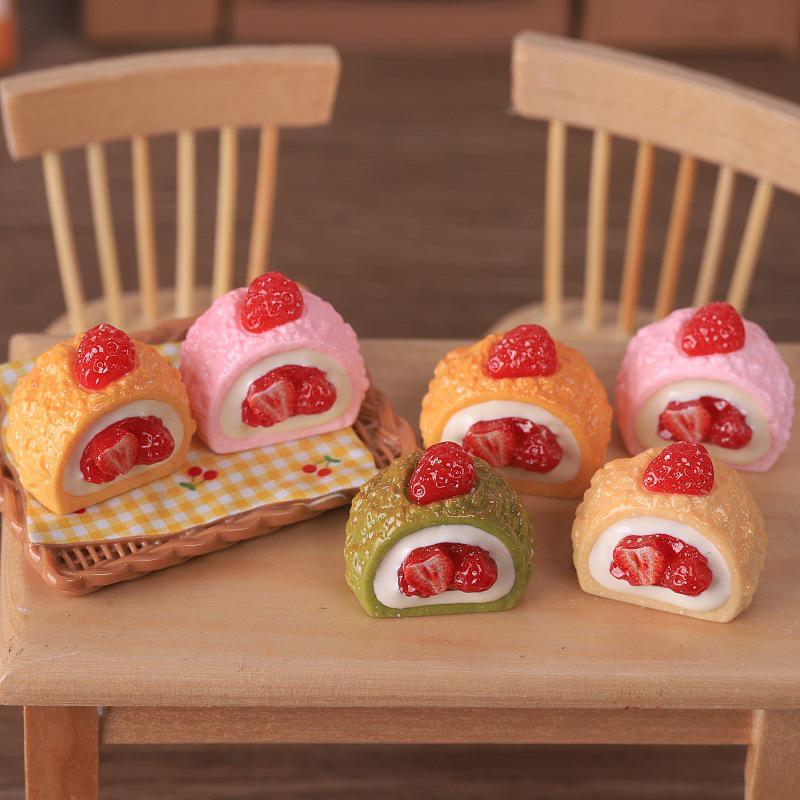 Miniature Strawberry Cream Cake Dollhouse Ornament Keychain Pendant Resin Accessory.