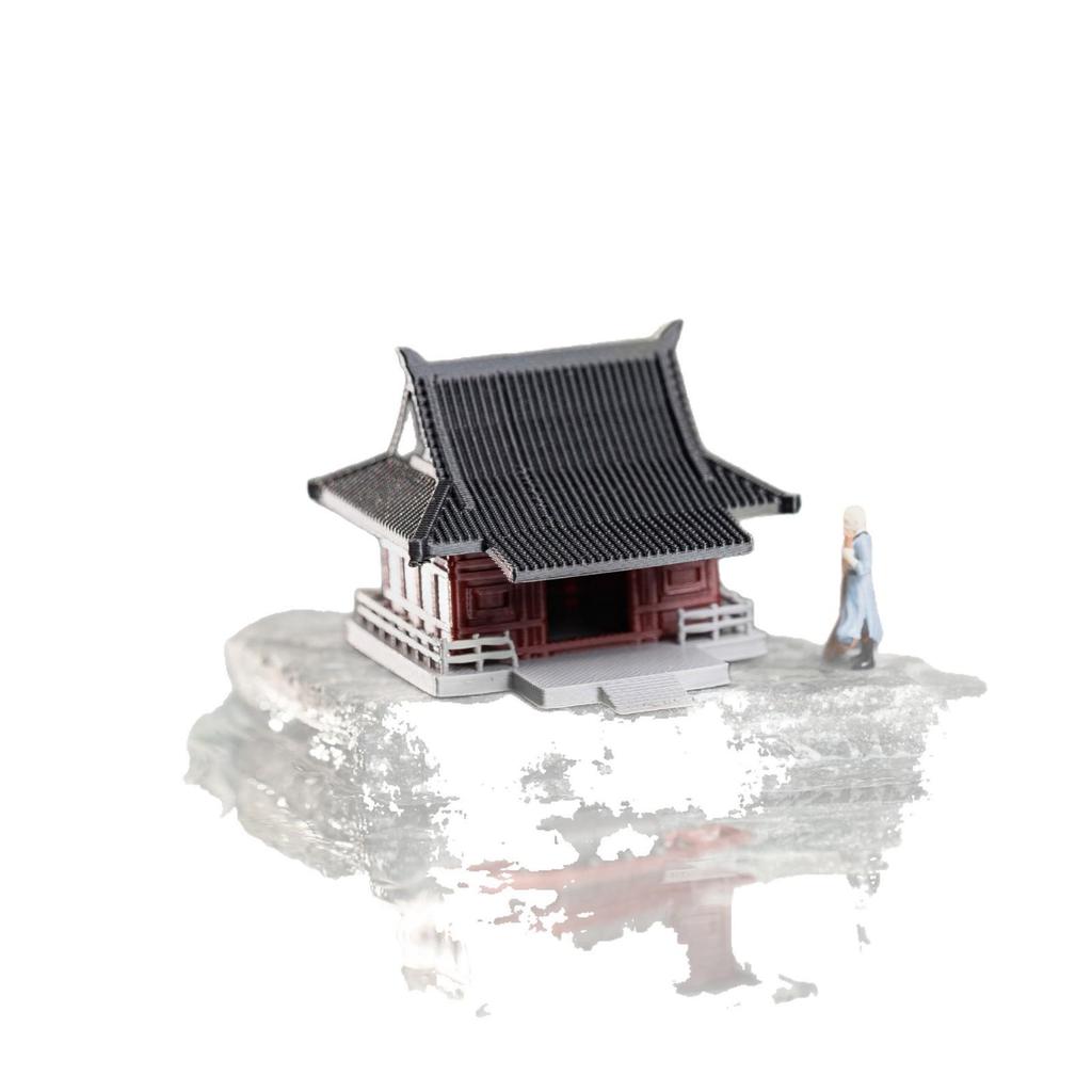 Model mikrokrajinky a bonsaje: Malebný starověký pavilon s kamennou skalkou a vodní nádrží