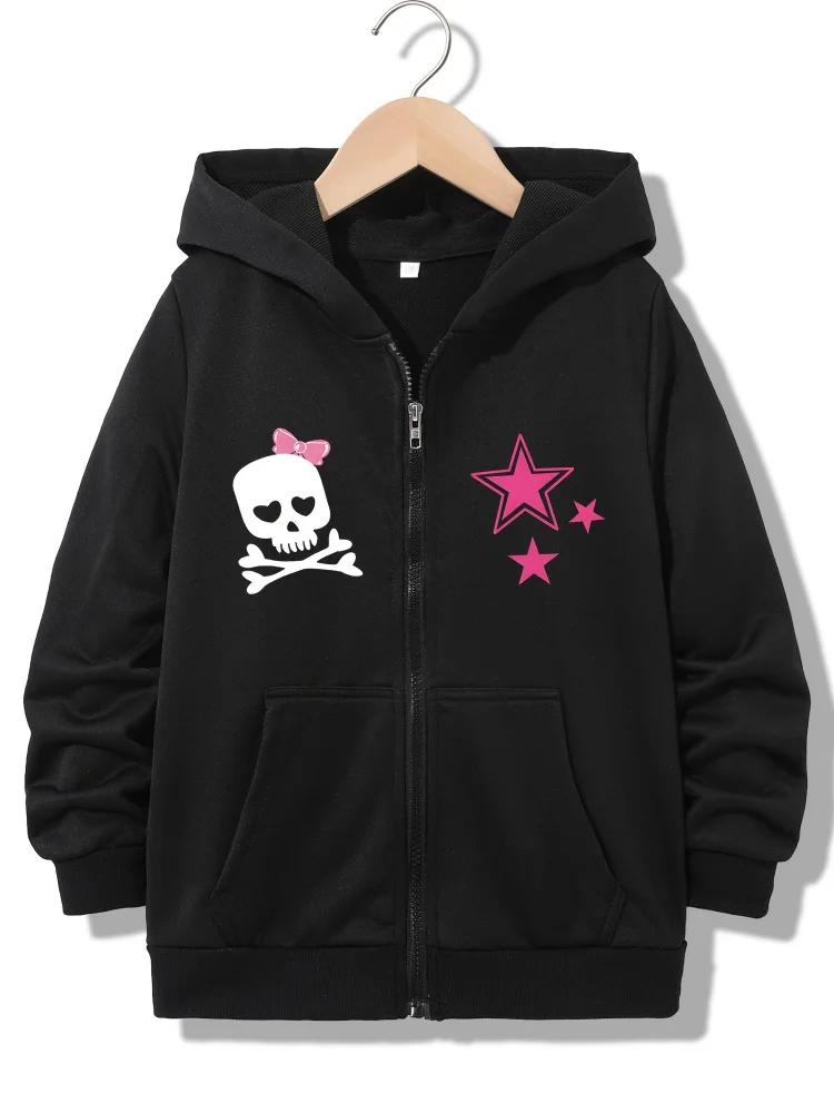 Girls Full Zip Hooded Sweatshirt Heart Eye Skull With Bow And Three Pink Stars Print Loose Daily Outerwear With Front Pocket