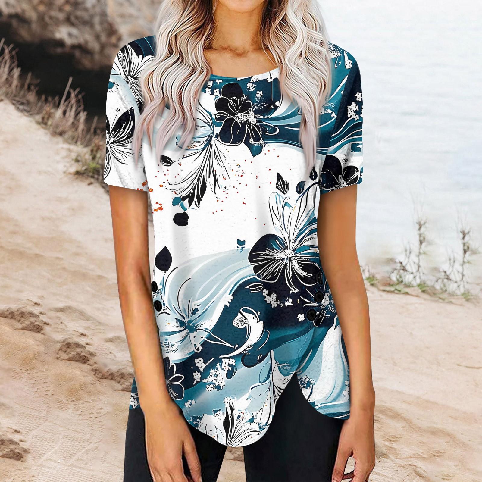 

Жіноча літня верхня частина з принтом на ґудзиках і круглим вирізом із короткими рукавами S