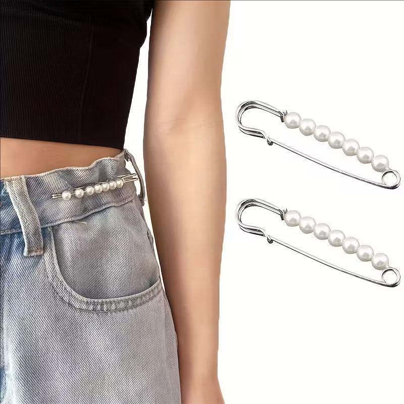 2Pcs Fashion Pearl Brooch Waist Cinching Adjustable Skirt Anti-slip Metal Pin Fixed Clothes DIY Accessories