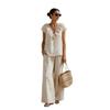 2026 Cross-border European and American romantic French light luxury vacation ruffle V-neck top and loose wide-leg pants set