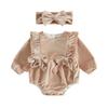 Citgeett Autumn Infant Baby Girl Fall Bodysuit Solid Color Velvet Crew Neck Jumpsuit Headband Casual Clothes