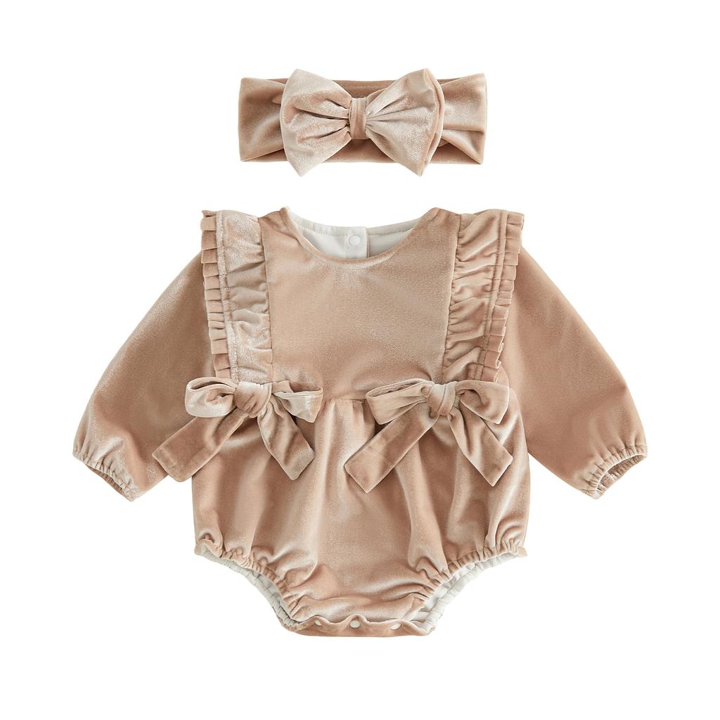 Citgeett Autumn Infant Baby Girl Fall Bodysuit Solid Color Velvet Crew Neck Jumpsuit Headband Casual Clothes