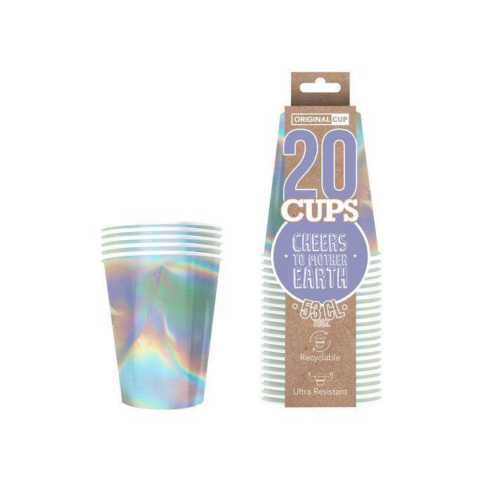 20 gobelets carton recyclable irisés brillants 53cl multicolore