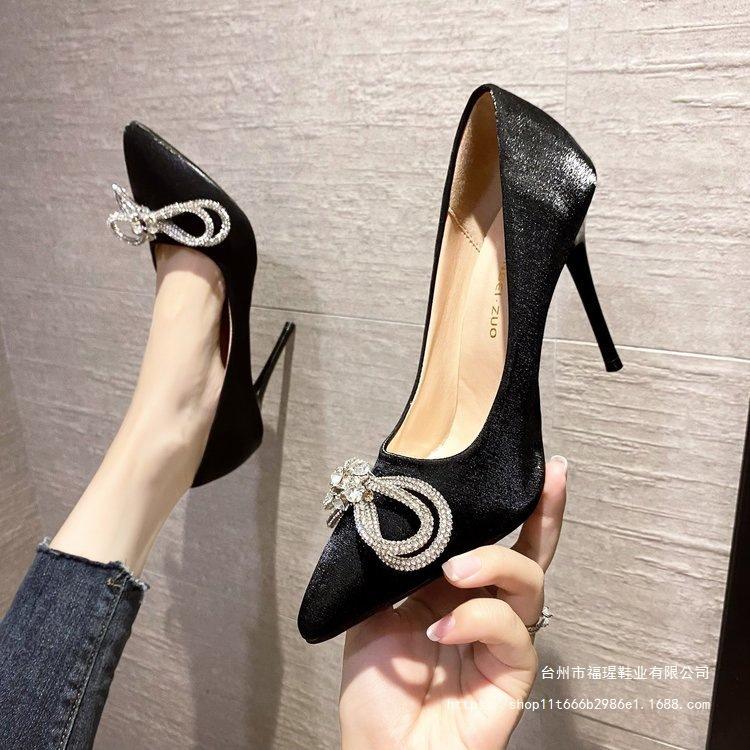 10CM hohe Absätze Damen neue Schleife Strass flacher Mund Nische Society Lady spitze Zehen dünner Absatz Mode Nachtclub Einzelne Schuhe Herbst