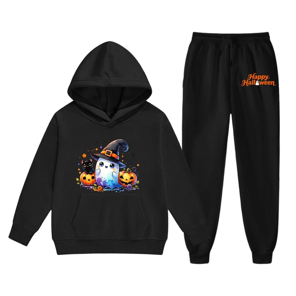 Kids Halloween Hoodie Set Ghost Pumpkin Print Long Sleeve Pullover Sweatshirt with Hood and Matching Pants Comfortable Fit for Boys and Girls