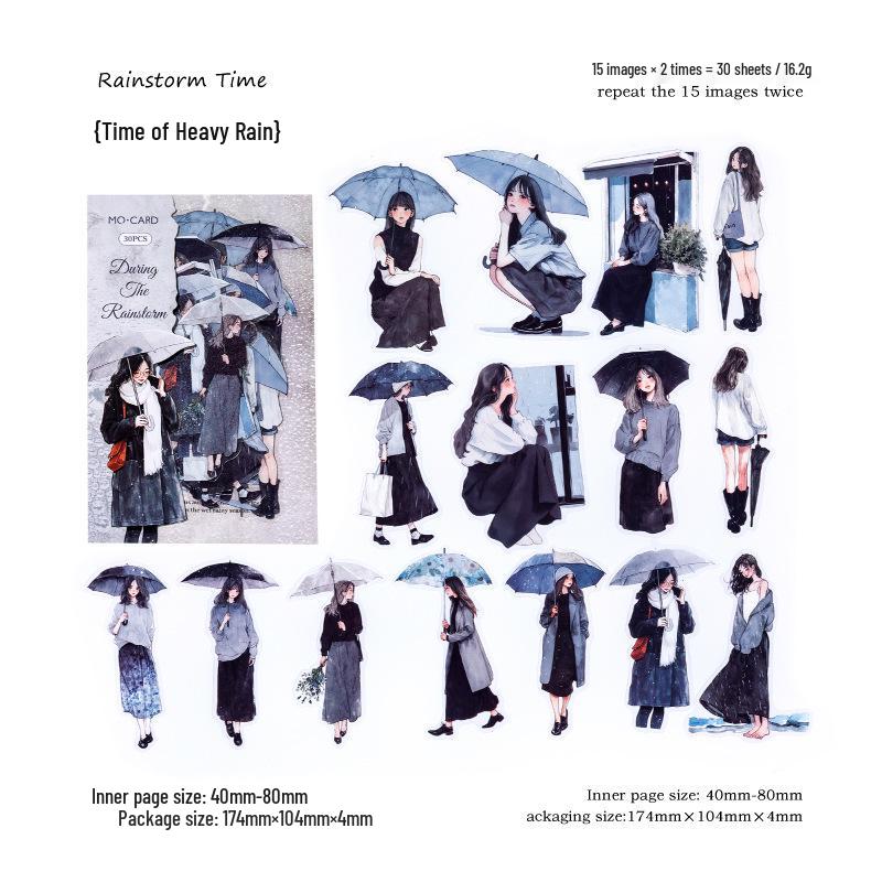 Mò Mò PET White Ink Sticker Pack - Rain Sound Overture: Japanese Style Girl Character Journal Stickers