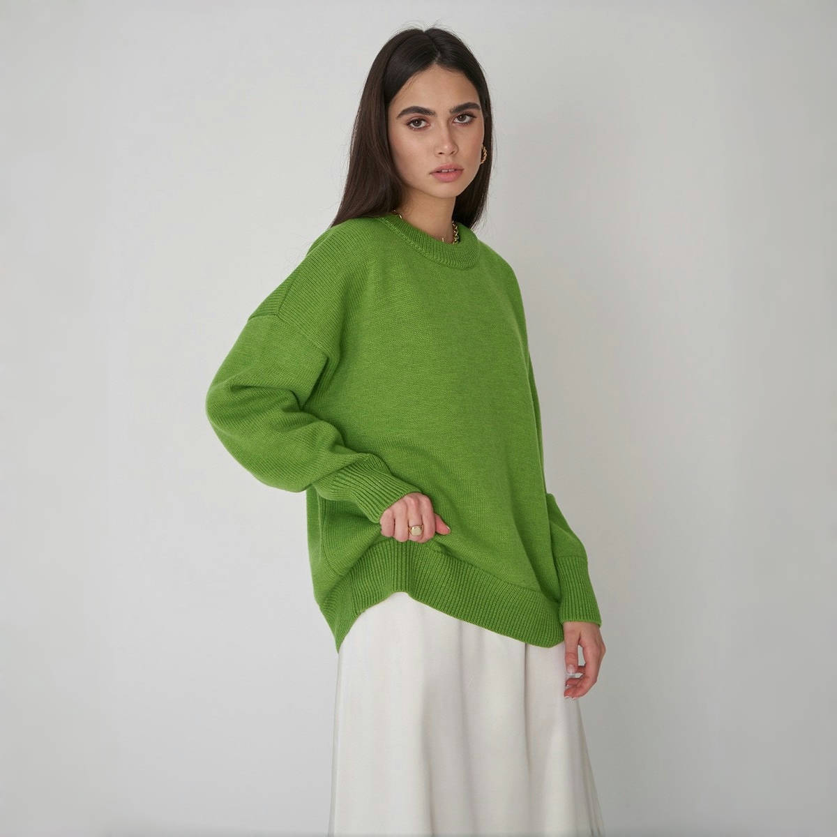 

Женский вязаный свитер Осень Зима Пуловер Длинный рукав Вязаный топ Женский пуловер Уличный Свободный свитер L светло-зеленый