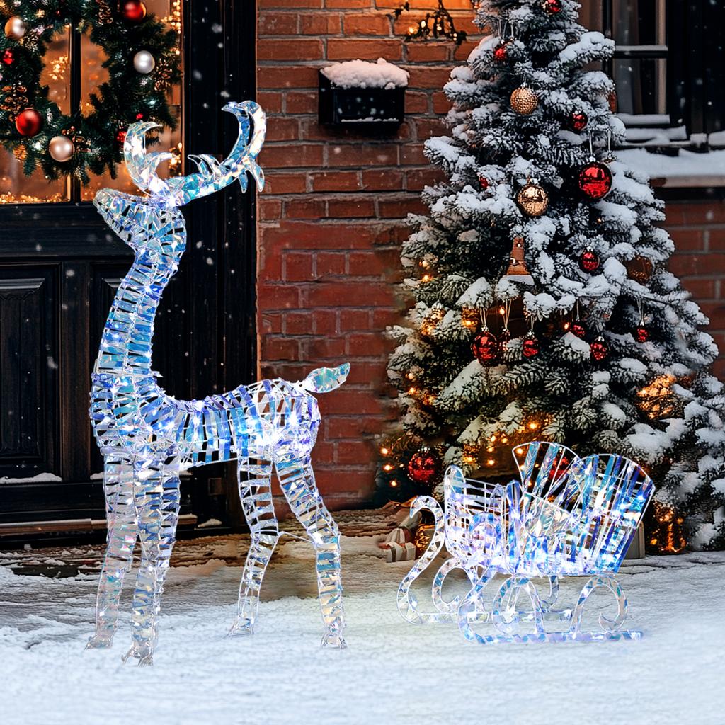 Weihnachtsbeleuchtung Rentier und Schlitten mit 170 warmweißen LEDs, Weihnachtsdekoration für den Innen- und Außenbereich, 60x29x115cm