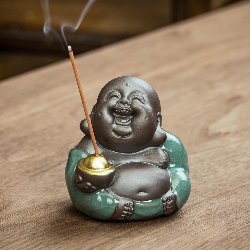 Ceramic Maitreya Buddha Tea Pet & Incense Holder Ornament