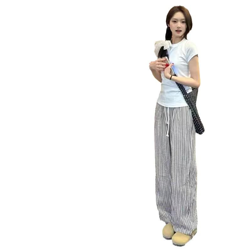 Petite High-Waisted Black & White Striped Wide-Leg Drawstring Pants