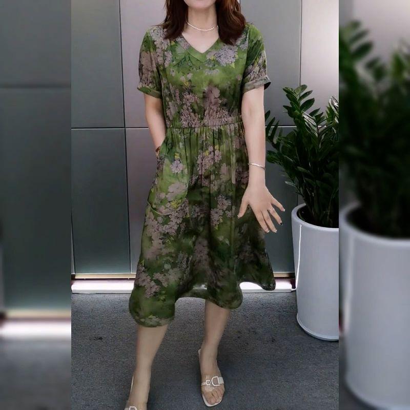 New Arrival Summer Short Sleeve Midi Dress - Waist Cinching, Tummy Concealing, Fake Two-Piece with Pockets.