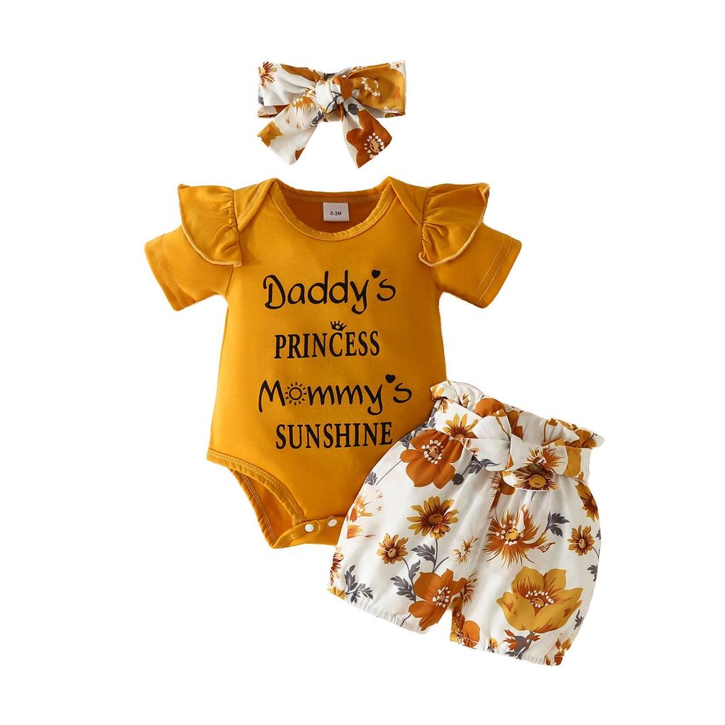 Baby Girl Summer Romper & Shorts Set - "Letter" Top with Belted Flower Pants