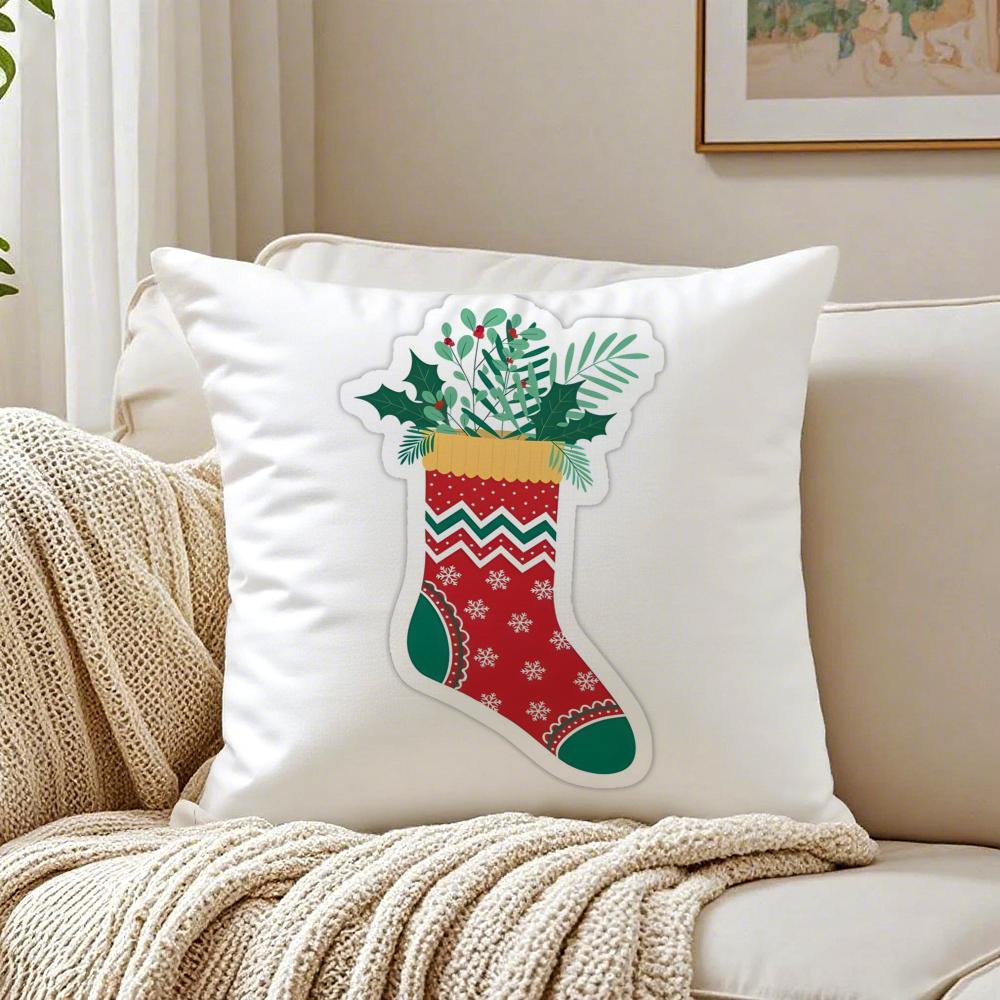 Red Socks Merry Chrismas Cushion Cover Linen Pillowcase Soft for Sofa Bed Home Room Decor