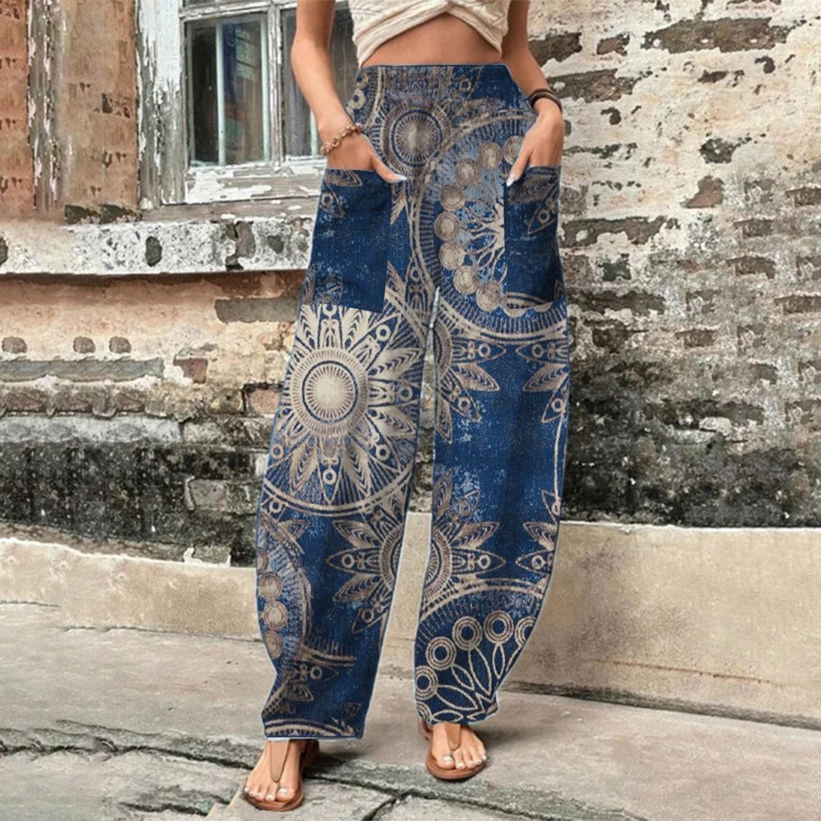 

Женские модные повседневные брюки с эластичными карманами и цветочным принтом XL синий