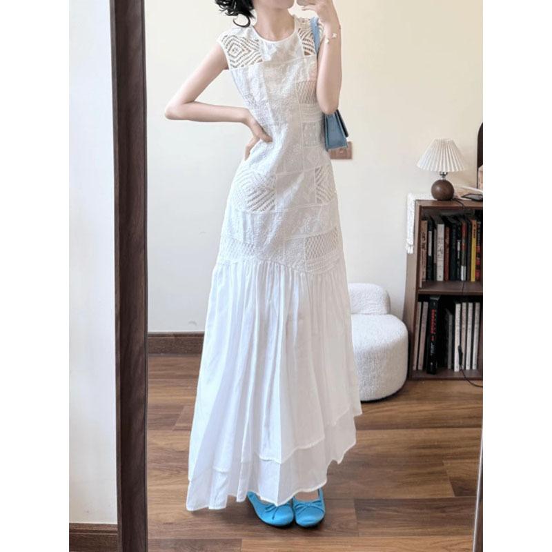 French unique and beautiful hollow white dress women's summer new small temperament waist holiday long skirt
