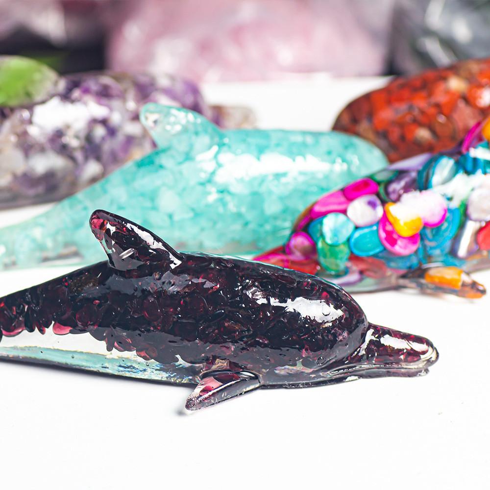 Water Crystal Dolphin Resin Decor With Semiprecious Stones For Home And Gift Use