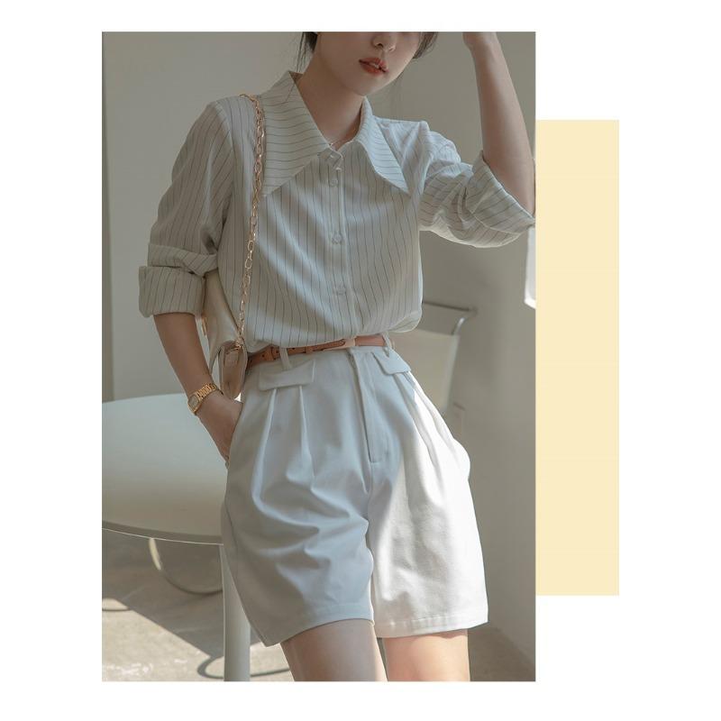 Dámská pruhovaná košile s dlouhým rukávem jarní a podzimní profesionální bílá halenka francouzský jemný oddíl topů