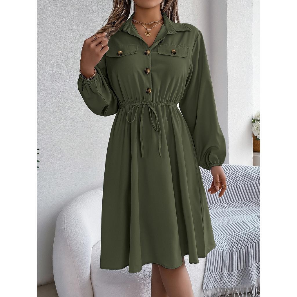 HNXC Autumn and Winter Casual Button-tied, Waist-cinching Long-sleeved Shirt Dress for Women