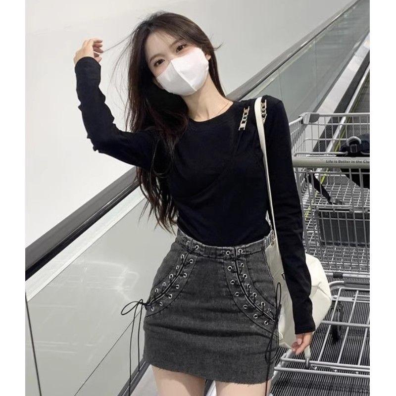 Solid T-shirts Women Long Sleeve Tops Black White Round Neck Girls Tees Fashion Lady T-shirts