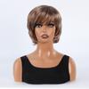 Women Short Synthetic Wig with Bangs Mixed Golden Brown Blonde Wig Layered Wave Curly Wigs Daily Cosplay Hair Heat Resistant Fiber