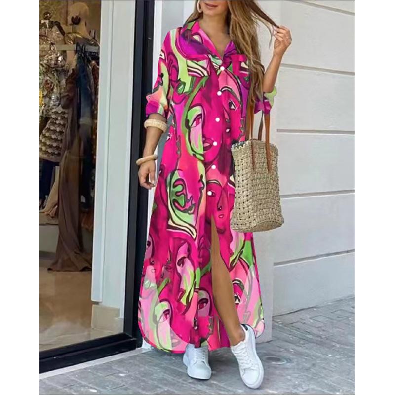 Frauen Langarm Revers Kette Gedruckt Seite Split Lose Lange Hemd Kleid Herbst