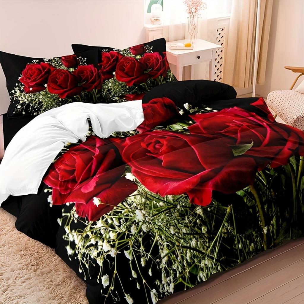 3pcs Romantic Red Rose 3D Printed Bedding Set Cozy Comfortable Duvet Cover King Queen Twin Size Birthday Gift Bedroom Decoration