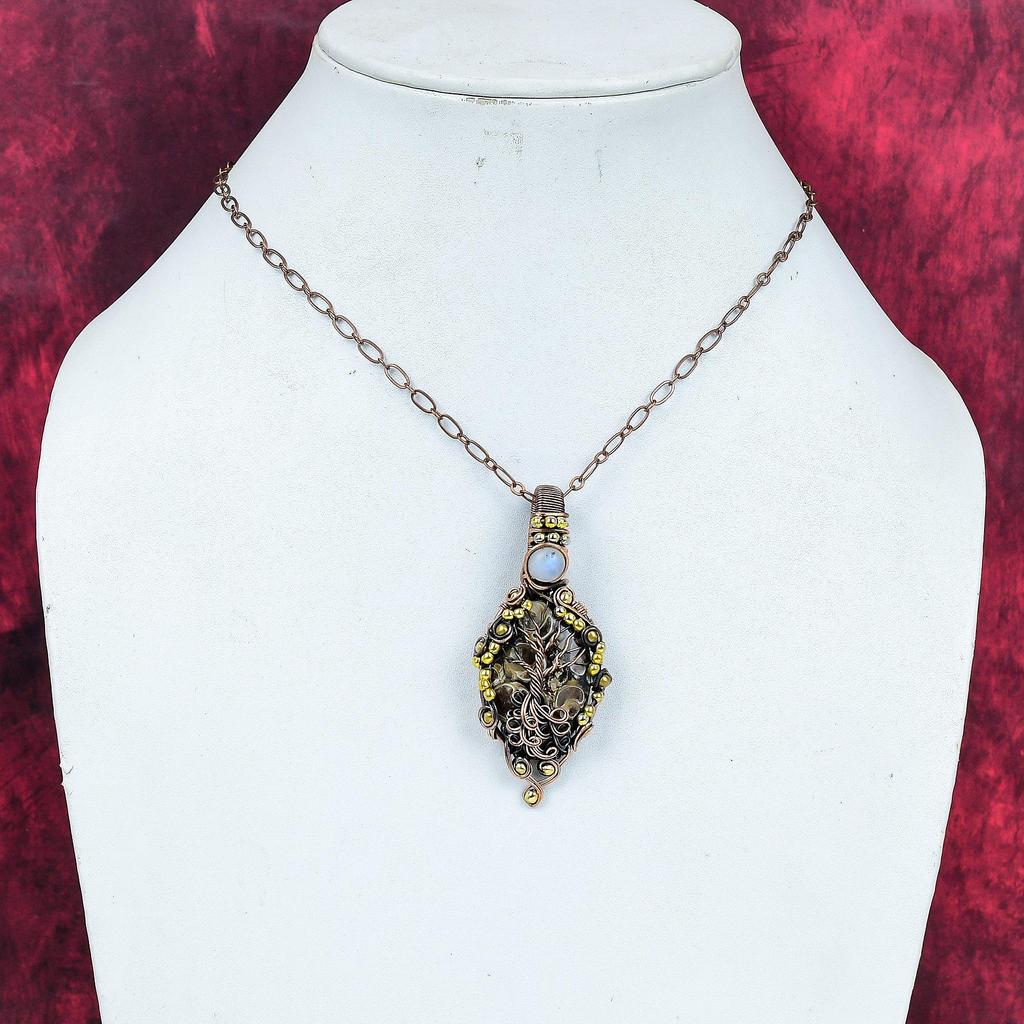 Livets träd turritella agat hänge koppartråd lindad smycke regnbågsmånsten ädelstenshänge handgjort kopparhänge presenter till honom